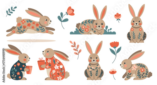 A collection of charming bunnies adorned with floral patterns in various poses and playful spring colors.