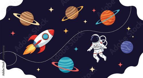 Explore the wonders of space with planets rockets and astronauts.