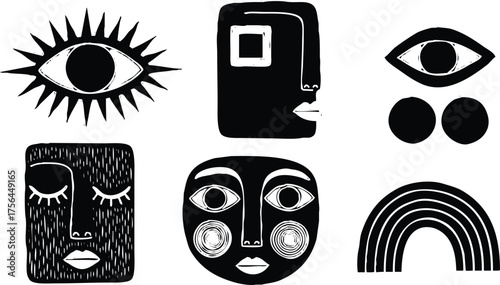 Collection of abstract graphic symbols including eyes, faces, and a rainbow isolated on transparent background