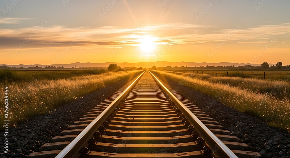 Fototapeta premium Sunset Railroad Tracks Landscape.