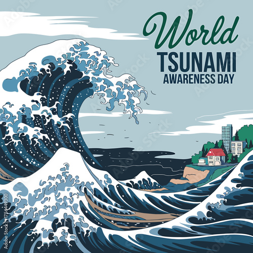Vector art of world world tsunami awareness day,tsunami awareness day illustration with a massive ocean wave approaching a coastal town