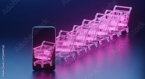 A smartphone displaying a shopping cart with a row of carts behind it on a reflective surface