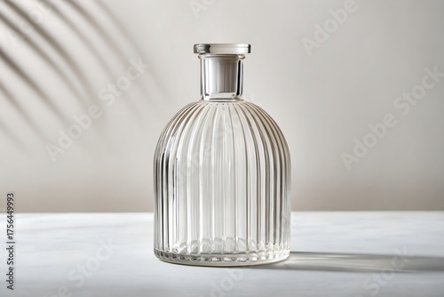 Clear glass bottle with vertical ribbed texture and soft shadow