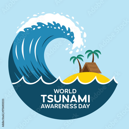 Vector art of world world tsunami awareness day,tsunami awareness day illustration featuring a massive wave crashing near a tropical island