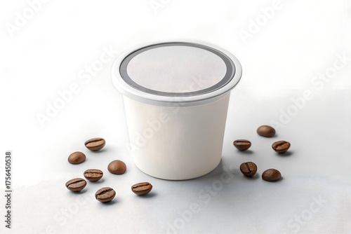 Single serve coffee pod with roasted coffee beans on white background