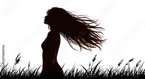 Woman Silhouette with Flowing Hair in Field Grass