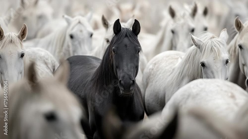A black horse stands out among a herd of white horses in a blurred background. The scene captures the contrast between the two colors in a natural setting.