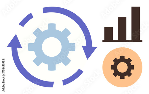 Gear encircled by arrows, bar chart, and secondary gear emphasize process automation, performance analysis, and growth. Ideal for efficiency, productivity, strategy, progress data insights