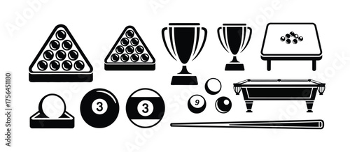 Collection of billiard game icons and symbols in silhouette
