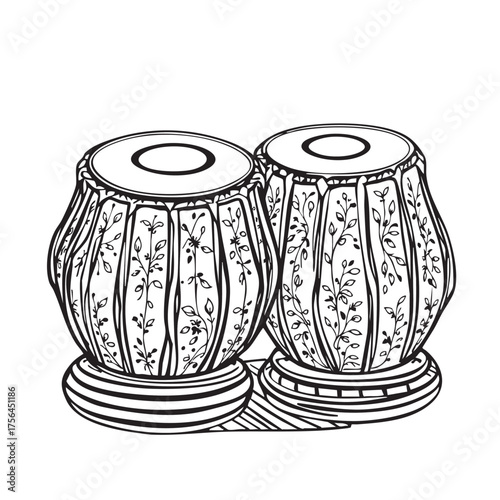 Traditional Tabla Vector — Black and White Illustration of Indian Percussion Drums with Ornate Floral Patterns and Cultural Detail