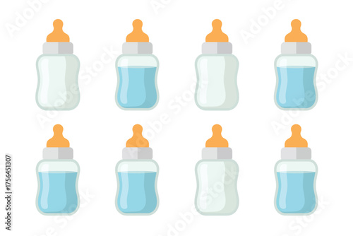 Collection of eight baby bottles with orange nipples and blue liquid