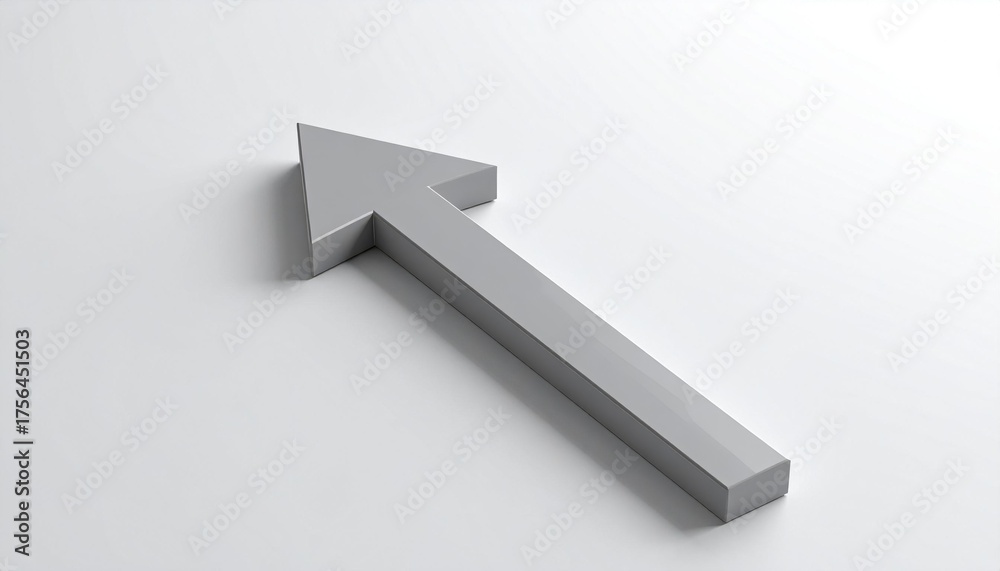 A silver, 3D arrow pointing upwards and slightly right, casting a shadow on a white background