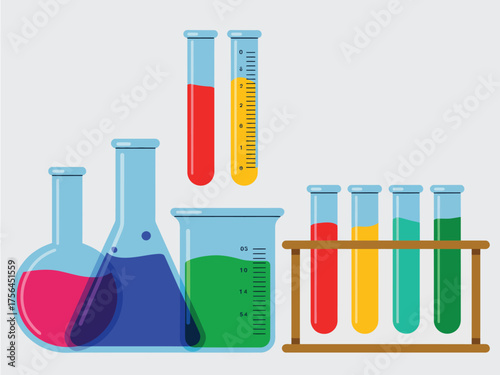 Colorful laboratory glassware filled with liquids for science experiments
