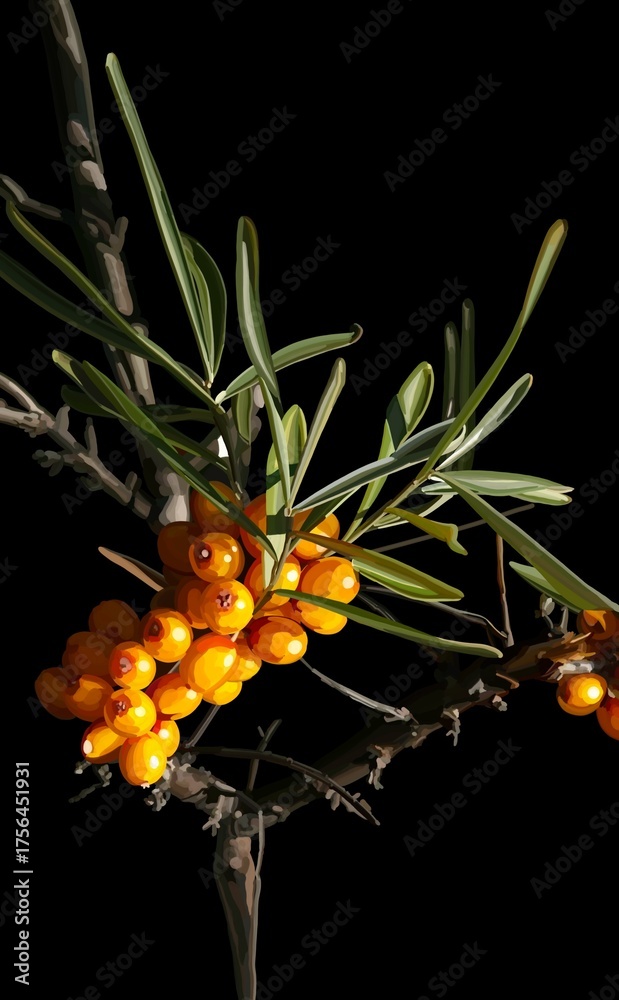 Fototapeta premium A bright sea buckthorn branch with juicy orange berries and narrow green leaves on a black background. Natural botanical composition, perfect for design, packaging, and autumn themes.