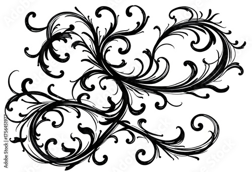 Intricate, flowing calligraphic swirls in black ink on white background,  white,  refined