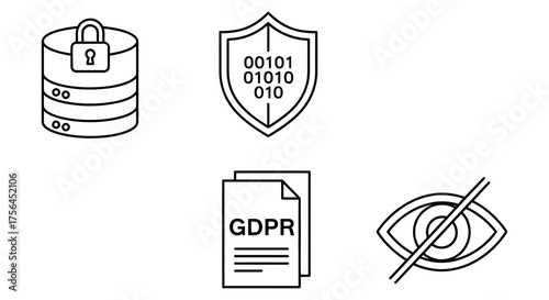 Data Security and Privacy Protection Icons Illustrating Database Lock, Binary Code Shield, GDPR Document, and Eye with Crossbar Symbolizing Confidentiality and Compliance