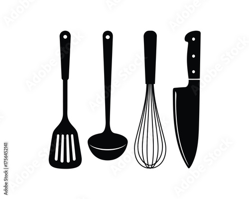 Black silhouette of kitchen utensils including spatula ladle whisk and knife