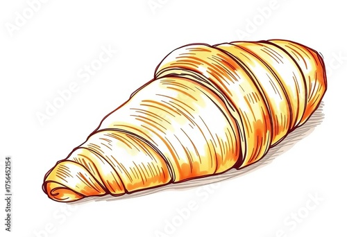 Golden-brown croissant, rustic sketch style, flaky layers, buttery texture,  rustic,  golden