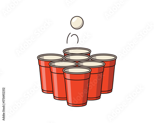 Red plastic cups arranged for a game of beer pong with a ping pong ball in mid air