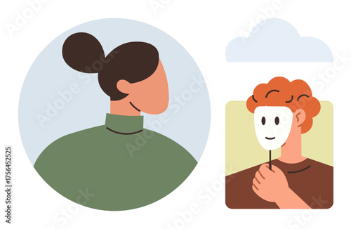 Minimalist illustration of a back-facing person in green and another holding a face mask against a cloud. Ideal for identity, authenticity, deception, emotions, duality, self-concept, simple flat
