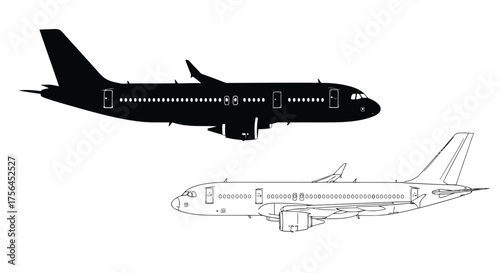 Vector illustration of silhouette and outline of an airplane