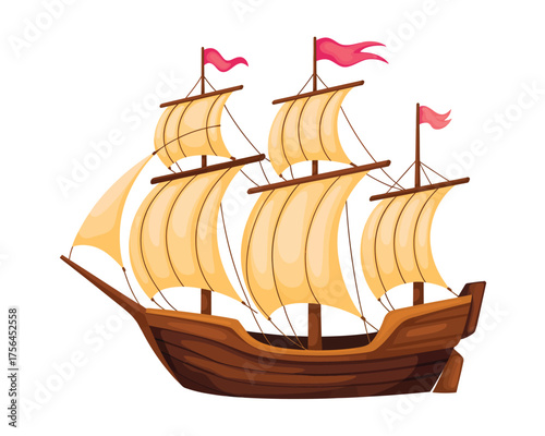 Antique wooden sailing ship with full sails and red flags