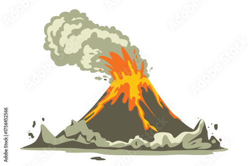 Cartoon illustration of a volcano erupting with smoke and lava
