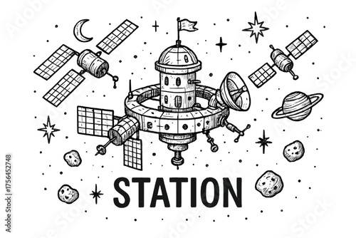 Cosmic Station Design. Hand-drawn cosmic station with satellites, panels, and antennas, center word “Station” in black and white
