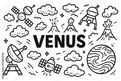 Venus Exploration Doodle. Doodle venus exploration with clouds, volcanoes, and probes, center word “Venus” in black and white