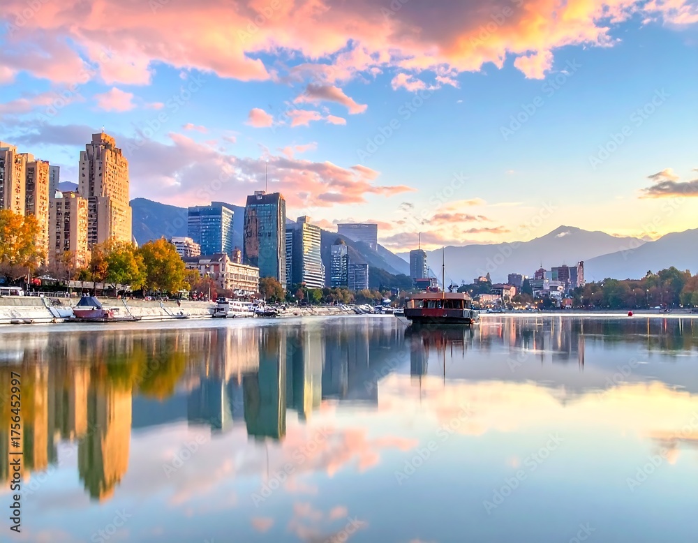 Fototapeta premium A picturesque urban scene at sunset. Tall buildings line the shore, reflected in calm water. Clouds fill the sky with pastel hues. Boats are docked