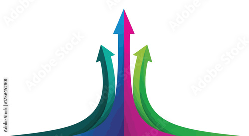 Vector illustration of three colorful arrows pointing upwards and merging together, symbolizing growth, progress, and teamwork
