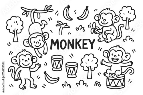 Monkeys with Bananas. Doodle wild monkeys with bananas, trees, and drums, center word “Monkey” in black and white isolated