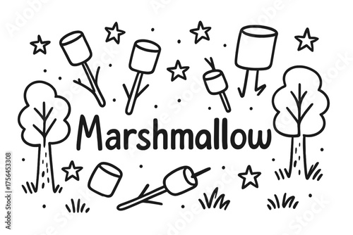 Marshmallow Forest Doodle. Doodle marshmallow forest with trees, sticks, and stars, center word “Marshmallow” in black and white