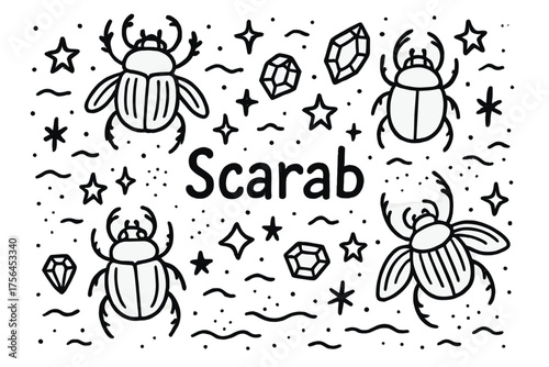 Scarab Beetle Doodle. Doodle scarab beetles with stars, gems, and sand, center word “Scarab” in black and white isolated