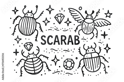 Scarab Beetle Doodle. Doodle scarab beetles with stars, gems, and sand, center word “Scarab” in black and white isolated