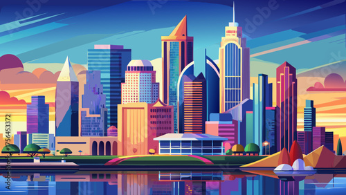 Very beautiful skyline panorama of Mobile, Alabama, USA, featuring modern skyscrapers, waterfront views, and a vibrant downtown illuminated under a bright clear sky.