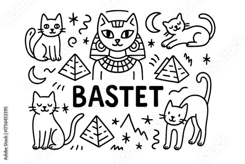 Bastet Doodle Art. Doodle bastet with cats, moons, and pyramids, center word “Bastet” in black and white isolated transparent