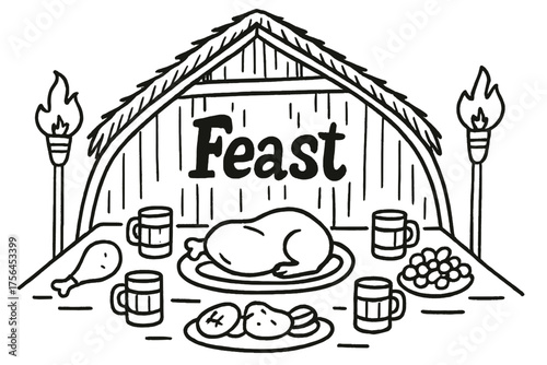 Longhouse Feast Doodle. Doodle longhouse feast with meat, mugs, and torches, center word “Feast” in black and white isolated