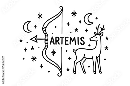 Artemis Bow Doodle. Doodle artemis bow with moons, deer, and stars, center word “Artemis” in black and white isolated transparent