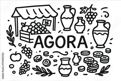 Greek Marketplace Doodle. Doodle greek marketplace with fruits, jars, and coins, center word “Agora” in black and white isolated