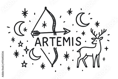 Artemis Bow Doodle. Doodle artemis bow with moons, deer, and stars, center word “Artemis” in black and white isolated transparent