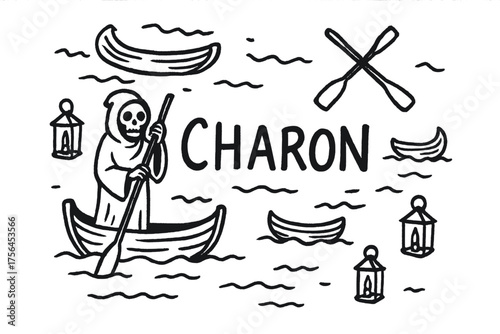Charon Ferryman Doodle. Doodle ferryman charon with oars, boats, and lanterns, center word “Charon” in black and white isolated
