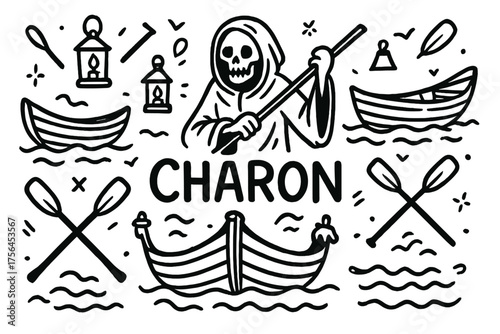 Charon Ferryman Doodle. Doodle ferryman charon with oars, boats, and lanterns, center word “Charon” in black and white isolated