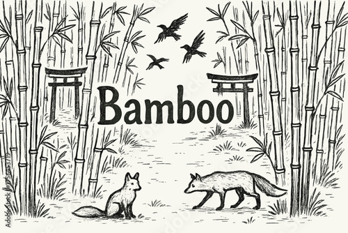 Bamboo Forest Gateway. Hand-drawn bamboo forest with torii gates, birds, and foxes, center word “Bamboo” in black and white