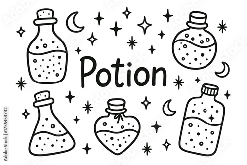 Magical Potion Bottles. Doodle potion bottles with sparkles, moons, and stars, center word “Potion” in black and white isolated