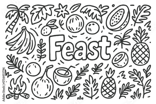 Jungle Feast Doodle. Doodle jungle feast with fruits, coconuts, and fires, center word “Feast” in black and white isolated