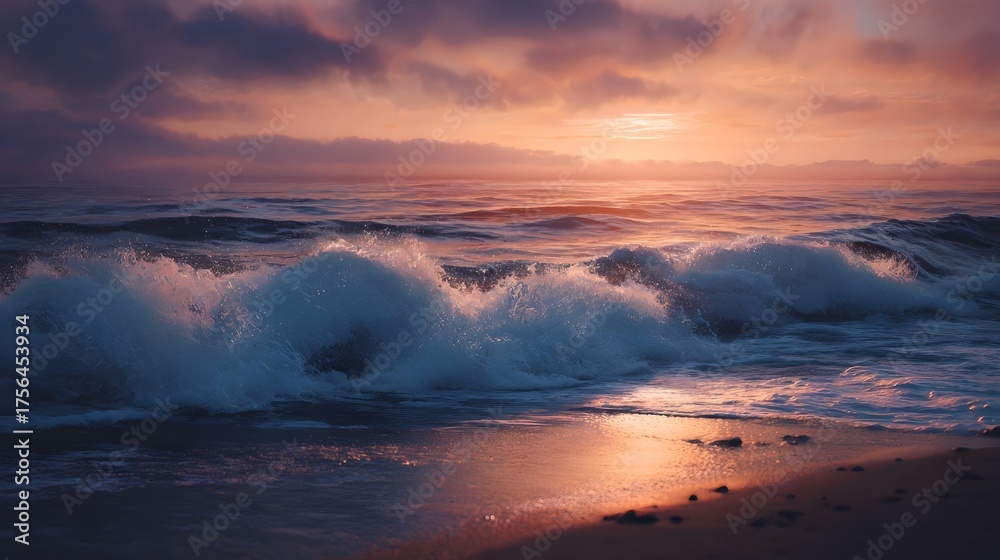 Fototapeta premium Waves crash on a sandy beach at sunrise with vibrant sky colors reflecting on the water
