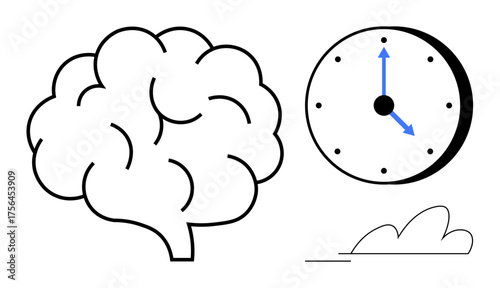 Black and white brain, clock face with blue arrows, and simple cloud design. Ideal for themes thumbs up time management, productivity, mental health, focus, mindfulness, clarity and planning