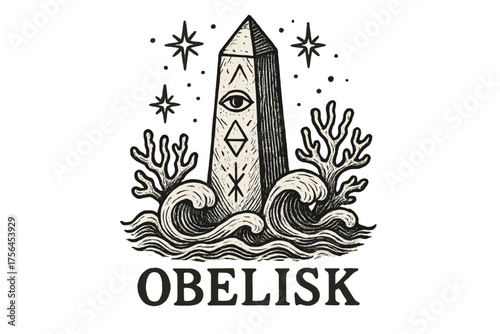 Mystic Obelisk Art. Hand-drawn mystic obelisk with waves, corals, and stars, center word “Obelisk” in black and white isolated