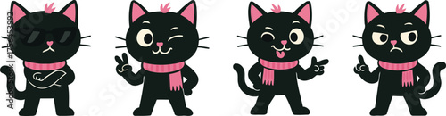 Cute black cat mascot in four cool poses: sunglasses with crossed arms, playful wink peace sign, cheeky tongue finger guns, and stern pointing gesture; flat vector cartoon set.